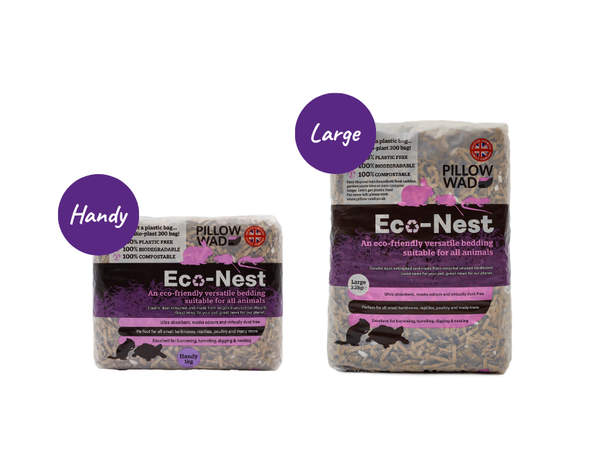 Different sizes of Eco-Nest small pet bedding from Pillow Wad.