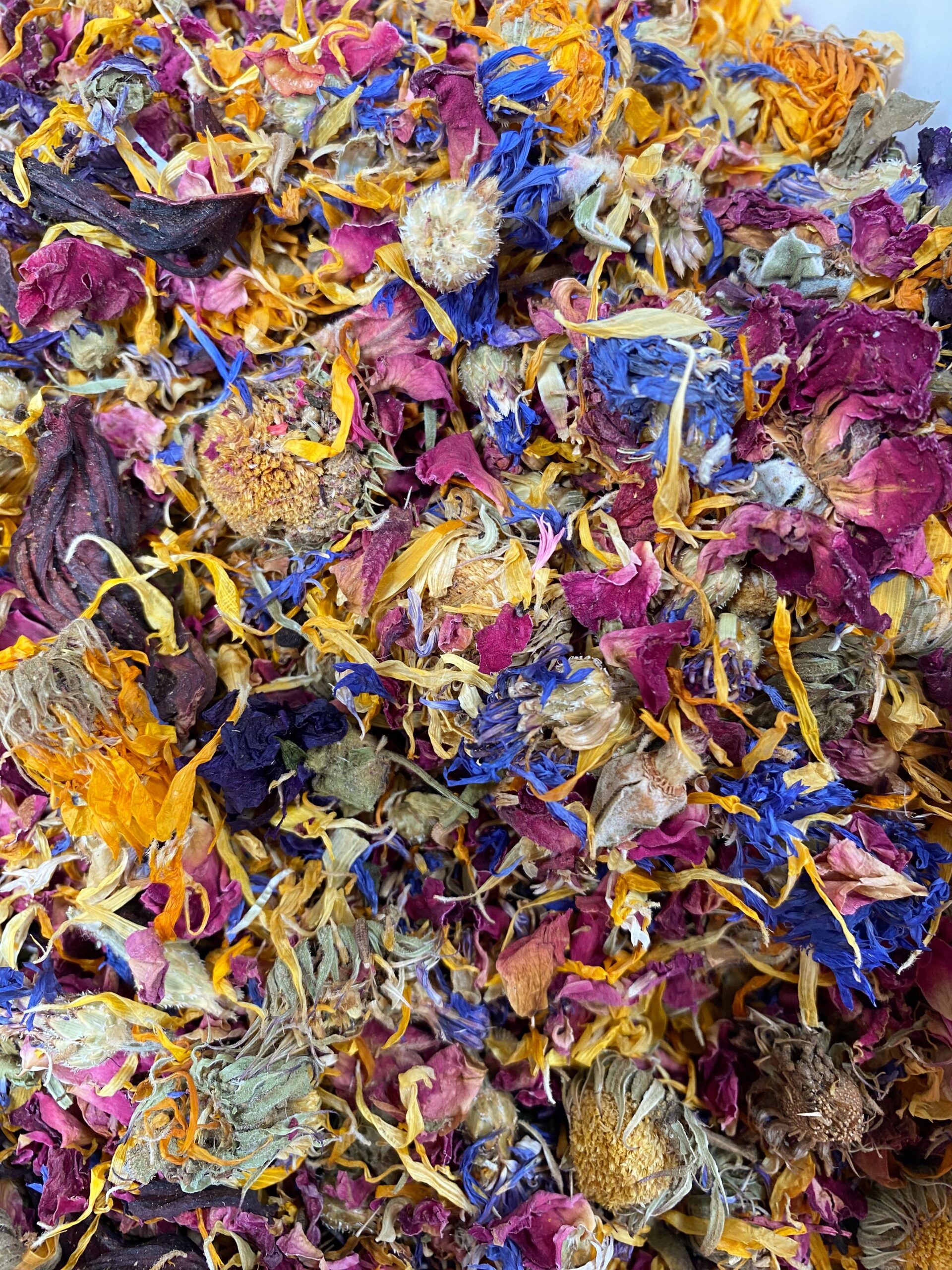 Vibrant Flower Forage mix with marigold, hibiscus, roses, and blue and pink cornflowers scattered over a pet's play area.